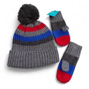 West Loop Kid's Hat Mitten Set Ribbed Pom Pom Gray Blue Red One Size